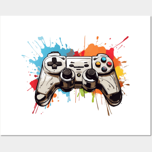 Retro game controller with painting splashes, gamer design Posters and Art